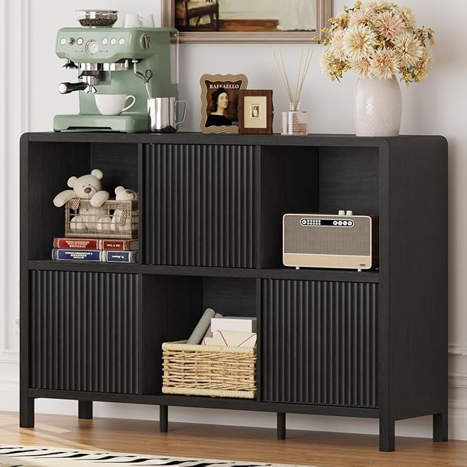 FATORRI 6 Cube Storage Organizer, Horizontal Bookcase with 3 Doors, Low Wood Bookshelf for Home Office, Bedroom, Living Room (Black)