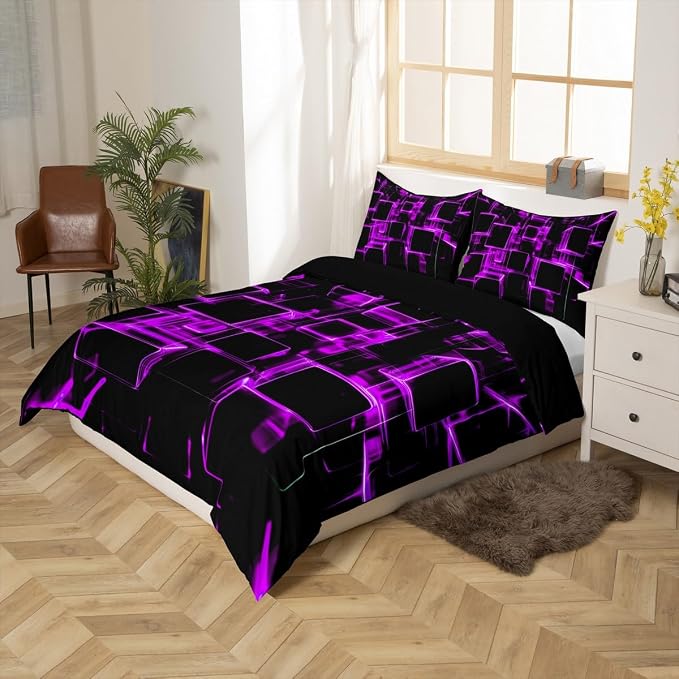 Erosebridal Fluorescent Purple and Black Kids Duvet Cover, Modern Geometric Square Bedding Sets Colorful Gradient Neon Light Honeycomb Bed Cover Queen 3 Pieces