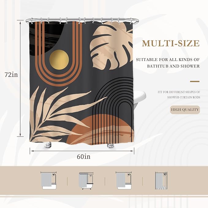 Glawry Black Boho Mid Century Shower Curtain Abstract Beige Leaves Minimalist Simple Aesthetic Arch Sun Modern Bathroom Botanical 60Wx72L Inches Bath Accessories Art Home Decor Fabric 12 Pack Hooks