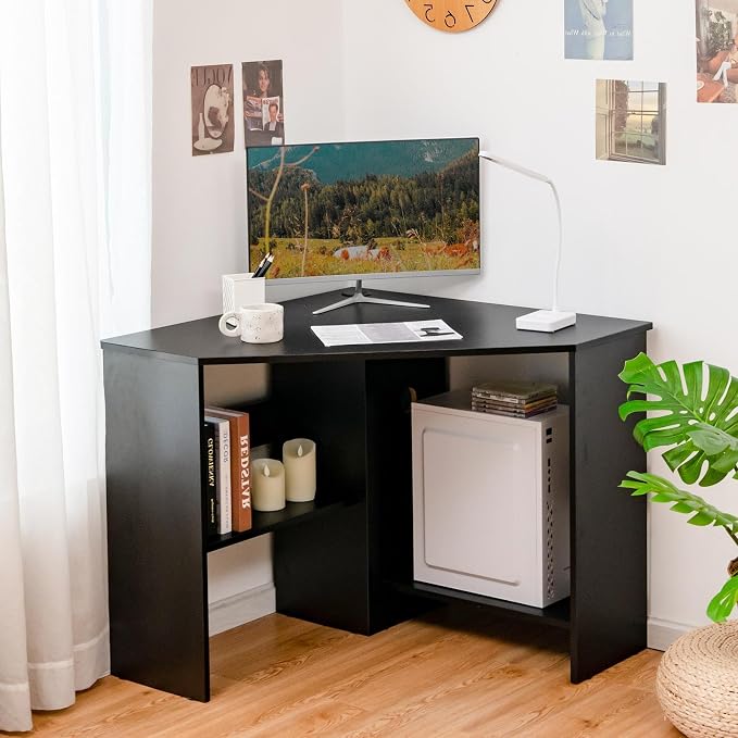 LDAILY Corner Desk, Space Saving 90 Degree Triangle Computer Desk with Storage Shelves & Cable Holes, Wood Compact Corner Writing Table for Small Spaces, Home Office, Bedroom & Living Room, Black