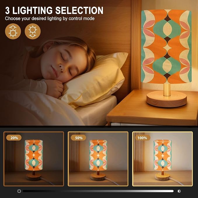 Bedside Table Lamp 50s Mid Century Modern Seamless Pattern 16-Way Dimmable Small Desk Lamp with Round Flaxen Fabric Shade for Nightstand Bedroom Living Room Home Decor