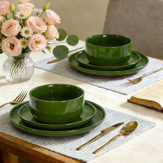 GZG Modern Art Series - 6 Pcs Speckled Stoneware Plates and Bowls Sets, Ceramic Dinnerware Set with Rustic Terracotta Underside, Microwave and Dishwasher Safe Handcrafted Dishes Set - Verdant Green