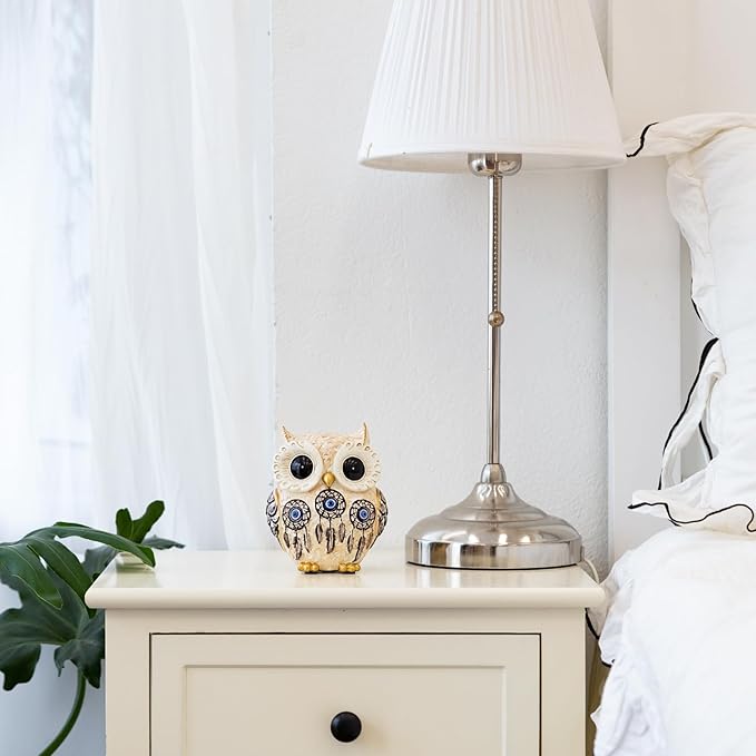 Owl Statue Home Decor Accents with Evil Eye.White Decor for Bookshelf, Bedroom, Living Room, Office, Table and Shelf. Vintage Owl Figurines Gifts for Birds Lover.Cute Small Animal Sculptures.