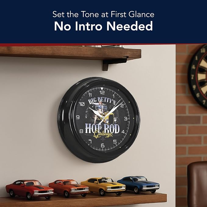 American Art Decor Big Betty's Hot Rod Garage Pinup Girl LED Clock - 12" Wall Mounted Diamond Plated Wall Decor - Wall Clock for Living Room, Dorm, Mancave, Garage, Office (Black/White/Yellow)