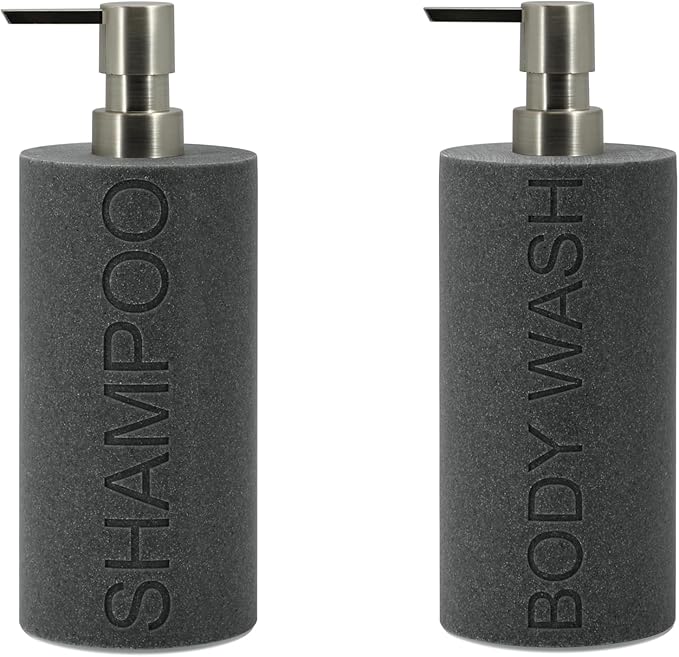 Resin 2 Pack Shampoo, Conditioner or Body Wash Dispenser Set, Luxurious Refillable Pump Bottles with Matte Pump Top and Embossed Text, Durable Design for Bathroom and Shower
