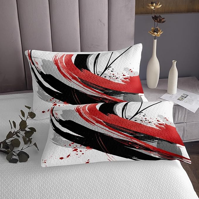 Erosebridal Black and Red Coverlet Set Twin | Modern Geometric Striped Quilt Set for Boys Girls Contemporary Watercolor Graffiti Bedspread Sets Boho Minimalist Aesthetic Art Quilts 2 Pieces