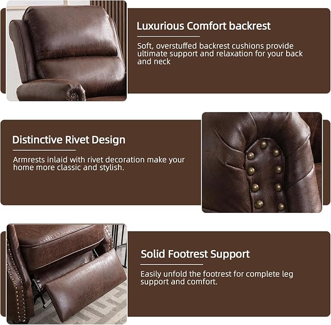 Push Back Recliner Chair Faux Leather Lounge Armchair with Rivet Decoration Wingback Single Sofa Chair with Padded Seat Solid Wood Legs for Living Room, Comfy Upholstered Set of 2, Red Brown