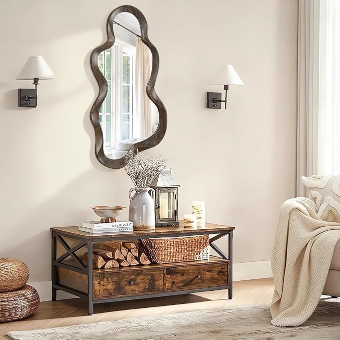 Asymmetrical Mirror Modern Wood Frame Unique Artistic Large Irregular Wall Mirrors Cute and Stylish Cloud Wavy Mirror Decorative for Cloakroom Bedroom Living Room Bathroom Entryway 30"x14"