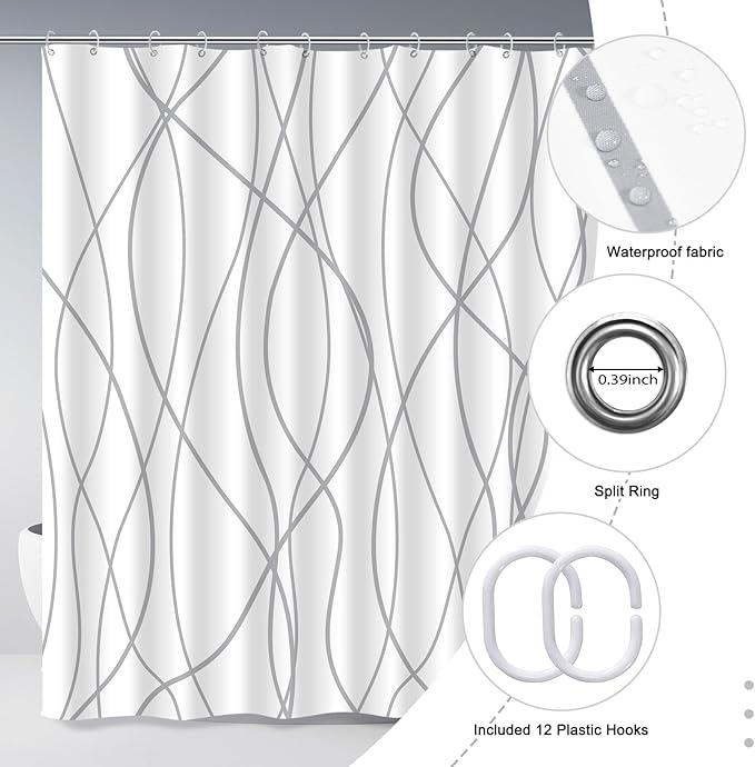 Punkray Polyester Shower Curtain Grey and White Striped for Bathroom with Hooks, Extra Long 84 Inches, Weighted Hem, Waterproof Bath Accessories Hotel Style - Machine Washable