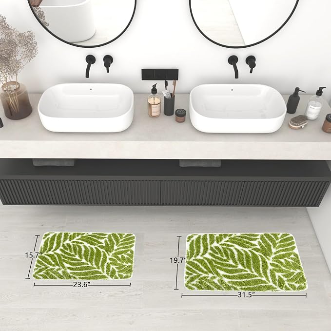 Green Leaf Bathroom Rugs - Bathroom Decor Cute Bath Mat for Sink, Tub, Small Rug, Green Bath Mats Washable Non Slip Funny Water Absorbent Bath Rugs Leaves 16" x 24"