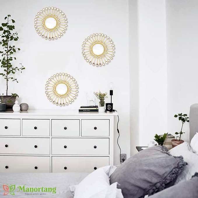 Gold Mirrors - Sunburst Valentine Wall Art, Decorative Round Mirrors for Valentine Bedroom, Living Room, Bathroom, Kitchen, Entryway, Hallway - Set of 3
