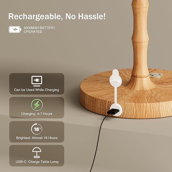 Table Lamp Cordless Bedside Desk Lamp,Rechargeable Battery Operated Lamps for Bedroom Night Stands,3 Colors Touch Dimmable Small Table Kitchen Lamps,4000mAh LED Wood Grain(Fabric Shade)