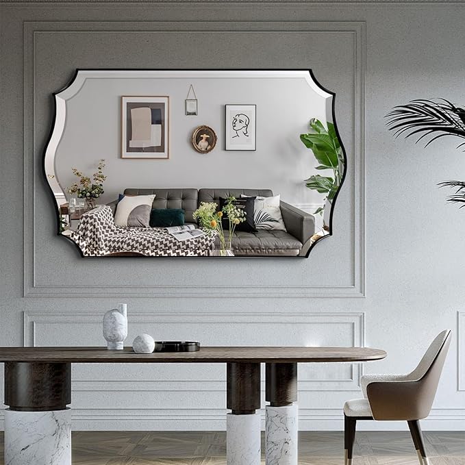 POZINO Scalloped Beveled Mirror, 30"x48" Modern Rectangle Mirrors for Over Sink, Large Wavy Decorative Mirrors, Irregular Shaped Mirror for Vanity Bathroom Living Room Bedroom Fireplace Entryway