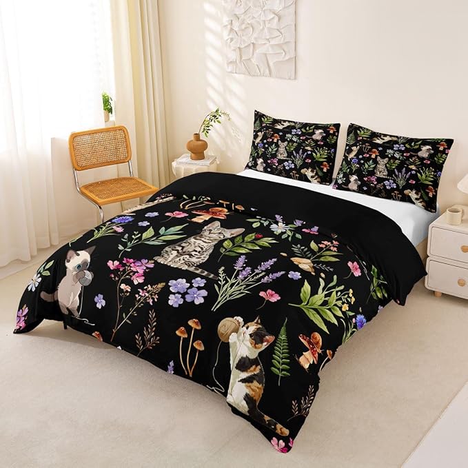 Erosebridal Cute Cat Comforter Cover Full Kitten Cat Lovers Bedding Set Black Boho Watercolor Floral Duvet Cover for Kids Girls Boys Adults Funny Pet Animal Bed Set