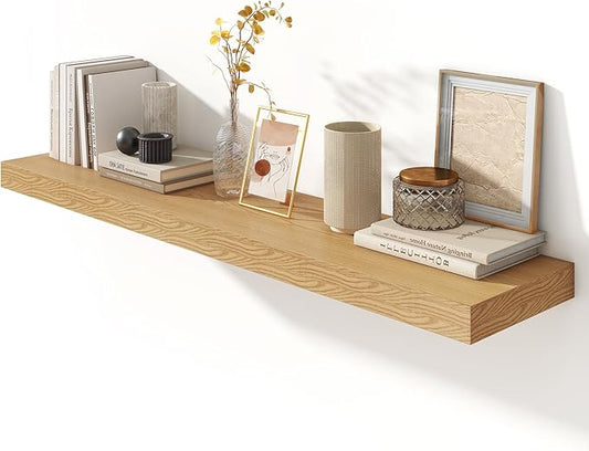 12 Inch Deep Floating Shelves | 55 Inch Oak Floating Shelves | 55" W x 12" D Rustic Wood Shelves for Wall | Deep Oak Shelves for Living Room Bathroom Laundry Room Kitchen
