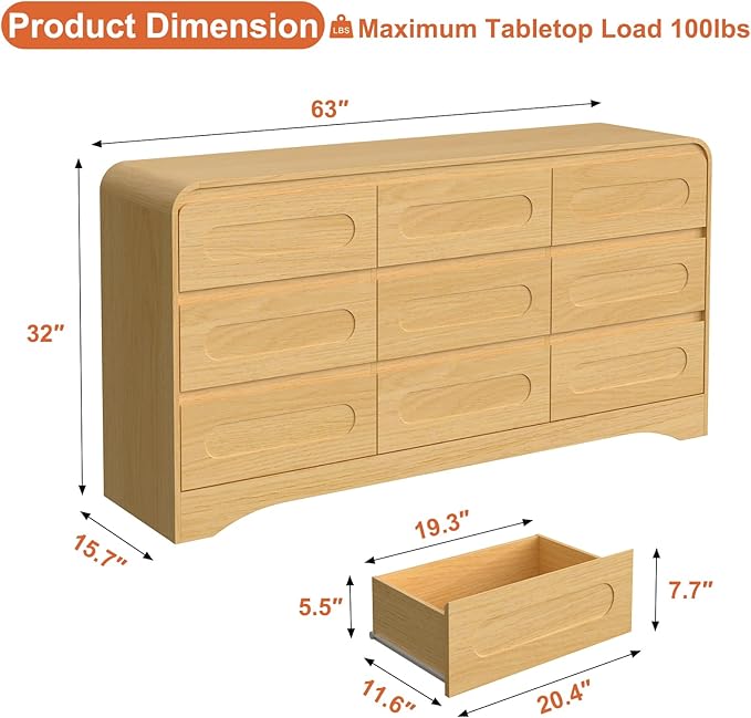 Dresser for Bedroom with 9 Drawers, 63" Long Modern Wood Chest of Drawers with Pre-Installed Slides, Large Storage Cabinet with Curved Design for Bedroom, Natural Oak