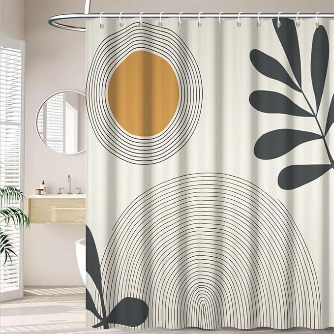 Black Gray Boho Shower Curtain for Bathroom Modern Abstract Minimalist Neutral Bathroom Decor Mid Century Arch Sun Leaf Bathtub Curtains Washable Waterproof Polyester Fabric with Hooks 69x70 Inch