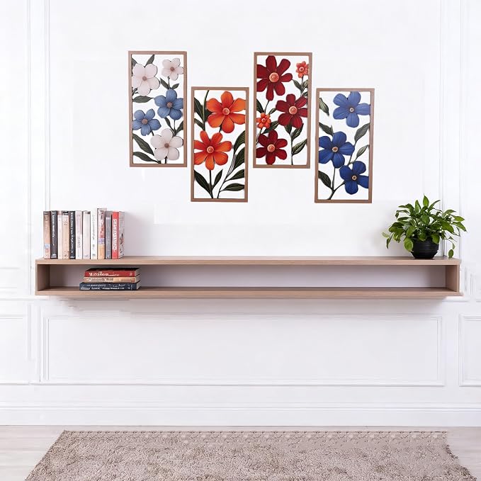 SHENGTIAN 4 Piece Boho Flower Wall Art - Geometric Wood Wall Art, Aesthetic Room Decor, Flower Market Art, Narrow Vertical Abstract Floral Art, Over Bed Wall Decor for Living Room Bedroom Office