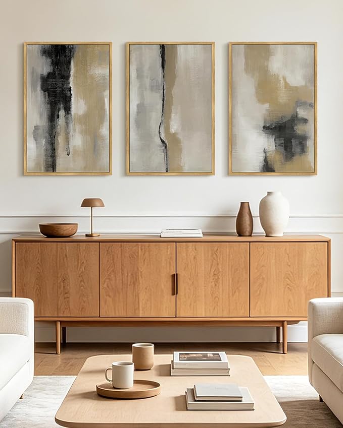 KUVIOKE Black Gray Abstract Framed Wall Art Neutral Wall Decor Minimalist Modern Illustrations Art Print for Living Room Bedroom 16x24in (Natural Framed)