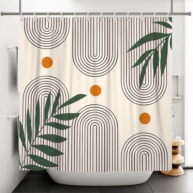 Boho Mid Century Shower Curtain Bohemian Minimalist Geometric Arch Sun Bathroom Curtain Sage Green Plant Polyester Shower Curtain Sets for Bathroom Extra Long 60x72 in with 10 Hooks