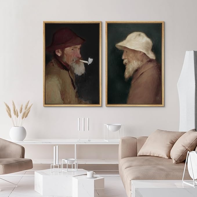 IDEA4WALL Framed Canvas Print Wall Art Set Vintage Old Fishermen Portrait Rustic Illustrations Modern Art Decorative Bohemian Calm/Zen for Living Room, Bedroom, Office - 24"x36"x2 Natural