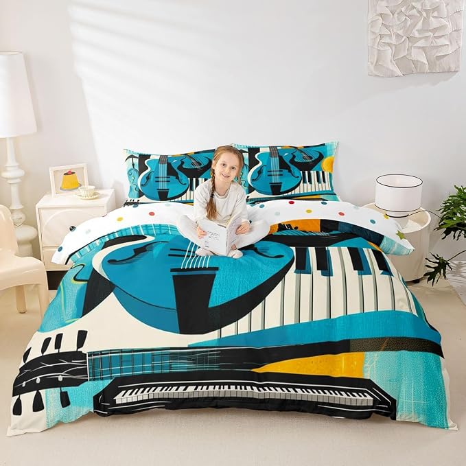 Erosebridal Retro Music Duvet Cover Queen for Adults - Modern Musical Instrument Bedding Set Abstract Geometric Square Comforter Cover,Mid Century Jazz Bed Set