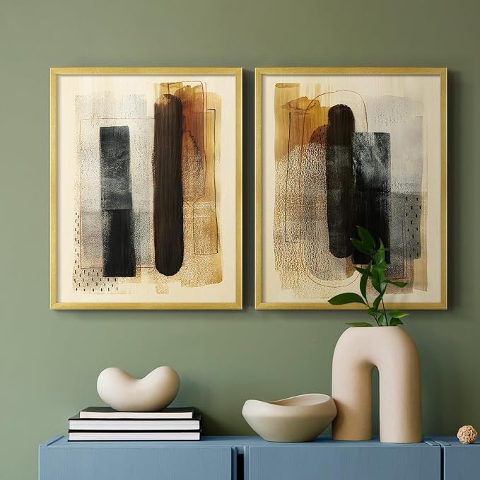 Renditions Gallery Set of 2 Peel & Stick Framed Prints, Pattern Abstract Wall Art, Burnt Toast Pattern Wall Decor, Re-Stickable - Ready to Hang - 16"x20" - GOLD Frame LT588