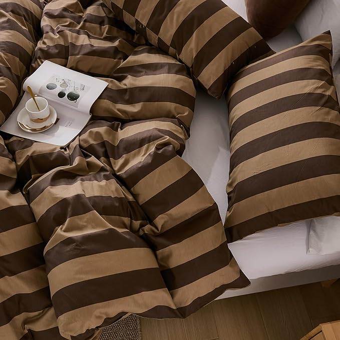 Merryword Brown Striped Duvet Cover Set King Size, 100% Natural Cotton Linen Like Duvet Cover Set with Zipper Closure & 8 Corner Ties, Brown Khaki Soft Reversible Bedding for All Seasons