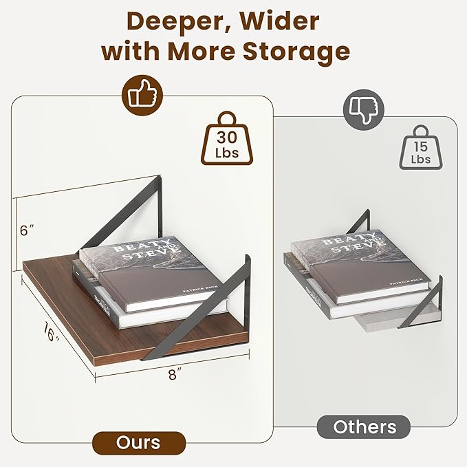 8" Deep Floating Shelves for Wall,16 inch Wood Wall Shelves Set of 2,Wide Floating Bookshelf with Sturdy Metal Brackets,Hanging Storage Floating Shelf for Living Room,Bedroom,Bathroom,Office,Walnut