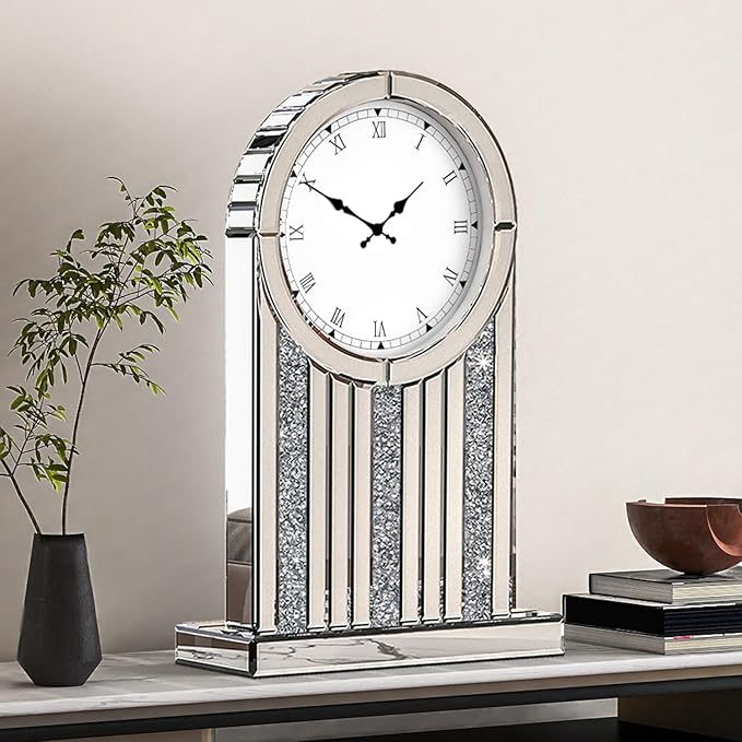 SHYFOY Luxury Mirrored Table Clock, 21.7 Inch Desk Clock with Crystal Accents, Silent Non-Ticking Decorative Desk Clock, Battery Operated, Elegant Living Room, Bedroom, Office Decor