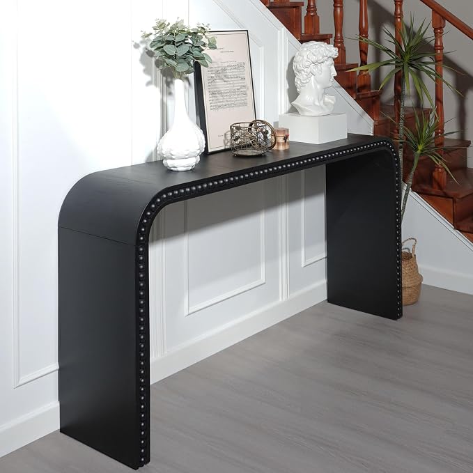 Wood Console Table, 59" Retro Long Sofa Table Behind Couch with Real Wood Beads Decor, Wooden Narrow Sofa Table Hall Table for Living Room Foyer Entrance Entryway, Black