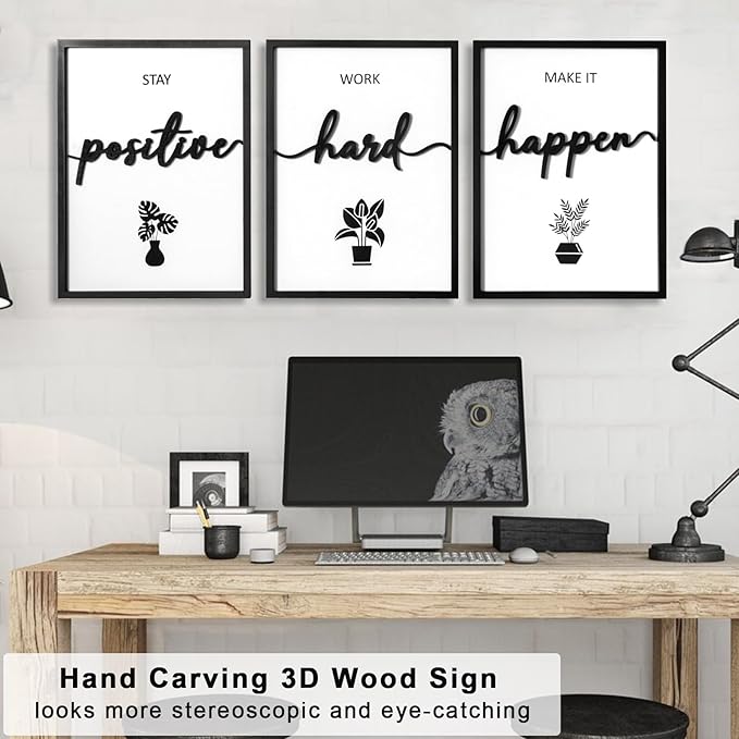 3D Wood Inspirational Wall Art, Framed Motivational Office Wall Decor, Positive Affirmations Wall Decor for Home Office Bedroom Living Room (Ready to Hang, 12x16 Inch, Set of 3, Framed)