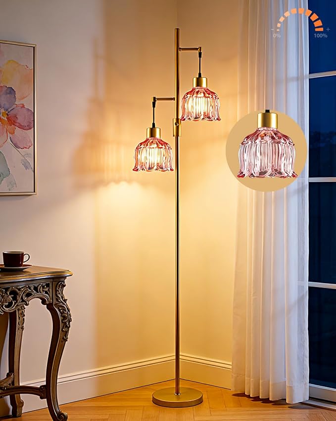 2-Light Modern Glass Floor Lamp, Gold Tall Standing Lamp with Deep Red Flower Glass Shade for Reading, Dimmable LED Floor Lamp with 5Lbs Heavy Base for Living Room Bedroom Home Decor, Bulb Included