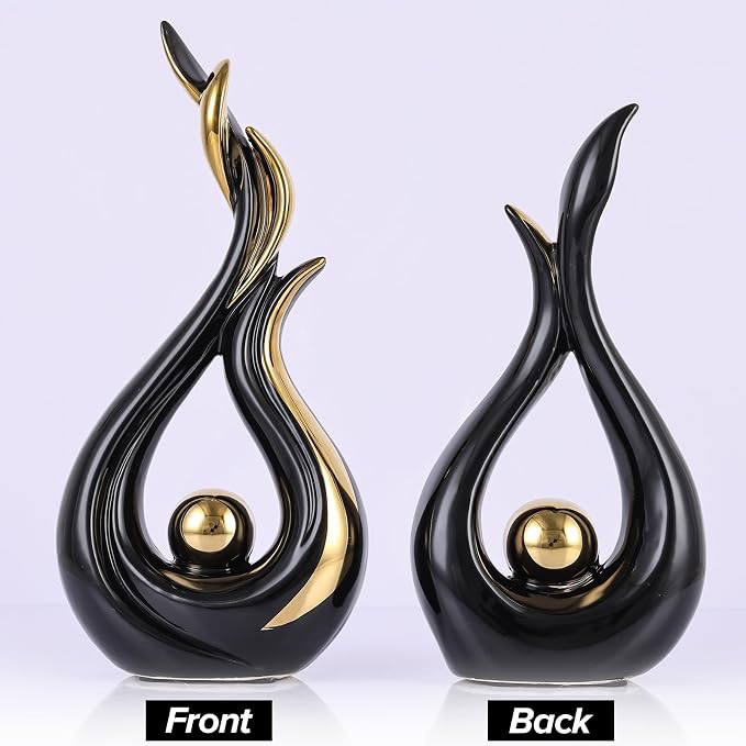 Black and Gold Abstract Ceramic Sculptures 2 Set,Modern Home Decor Dining Table Objects,Ceramic Art Statue for Coffee Table, Shelf, Dining Room, Kitchen, Tv Stand, Entryway Or Desktop Display