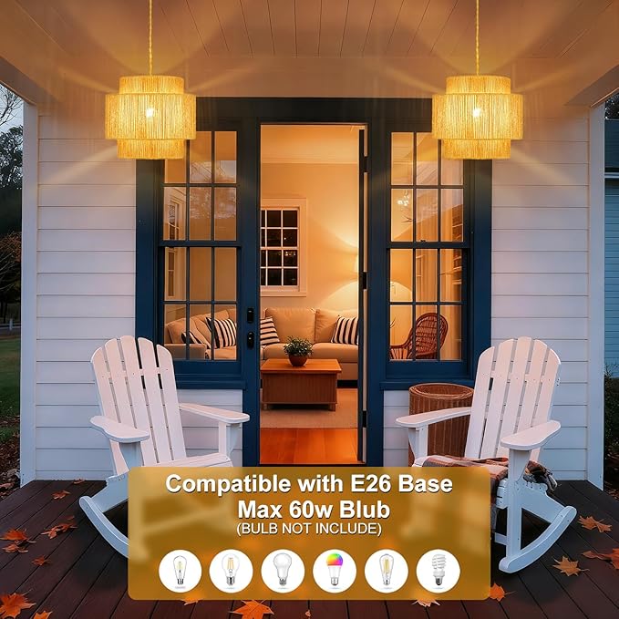 Boho Plug in Pendant Light Dimmable Switch, Wicker Hangings Lights with Plug in Cord 14.7ft Hemp Rope, Rattan Lampshade Hanging Pendant Light, Jute Hanging Lamp for Kitchen Dining Room Bedroom