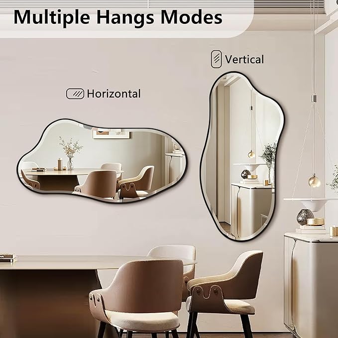 POZINO Irregular Beveled Mirror, 53"x26.5" Large Organic Shape Mirror with Black Metal Frame, Asymmetrical Decorative Wall Mirrors for Entryway Living Room Bedroom, Horizontal/Vertical Hanging