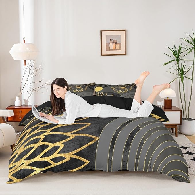 Erosebridal Gray Black Modern Duvet Cover King Size for Minimalist | Abstract Mid Century Comforter Cover Bohemian Leaf Floral Botanical Bedding Set Aesthetic Modern Geometric Bed Set