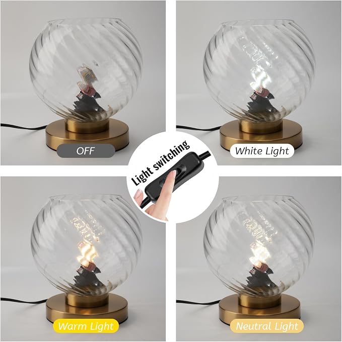 Gold Plug in Desk Table Lamps with Clear Glass Shade Small Bedside Lamp Mid Century Table Lamp for Nightstand Living Room Bedroom Office (Round)