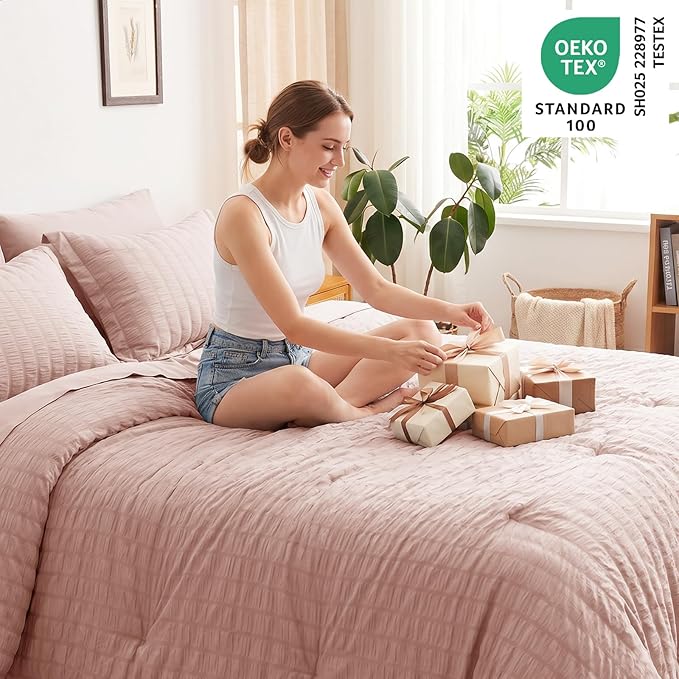 CozyLux Queen Comforter Set Rose Gold, 7 Pieces Seersucker Textured Luxury Bed in a Bag Queen, Dusty Pink All Season Bedding Set with Down Alternative Comforter, Sheets, Pillowcases & Shams, Home Gift
