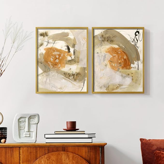 Renditions Gallery Set of 2 Peel & Stick Framed Prints, Neutral Abstract Wall Art, Earthy Tones Blended Brushstrokes Wall Decor, Re-Stickable - Ready to Hang - 11"x14" - GOLD Frame LT588