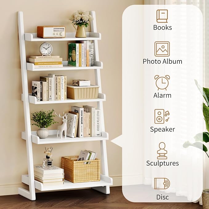 Uniclinens White Wooden Ladder Shelf, 5-Tier Leaning Bookshelf, Ladder Bookshelf for Compact Spaces, Leaning Bookcase for Living Room, Bedroom, Home Office