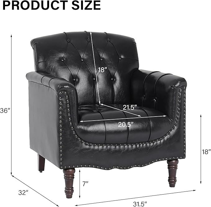 Faux Leather Accent Chair, PU Leather Modern Comfy Upholstered Armchair with Wood Legs & Nailhead Trim for Living Room, Bedroom (Black Blue,Set of 1)
