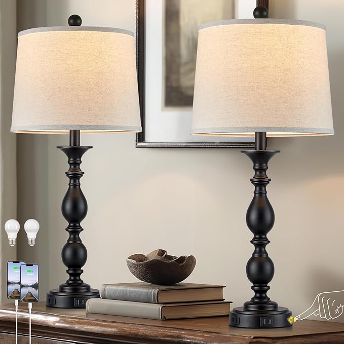 28" Black Modern Table Lamps Set of 2 with USB C+A Ports and AC Outlet, 3 Way Touch Control Tall Bedside Lamps for Bedroom, Metal Farmhouse Nightstand Lamps for Living Room
