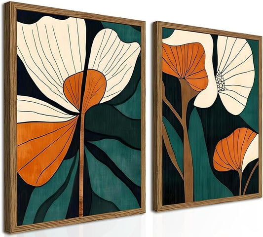 Mid Century Modern Flower Wall Art Vintage Abstract Botanical Wall Decor Painting Set of 2 Boho Dark Floral Poster Canvas Print Pictures for Living Room Bedroom 16x24 inch Wood Framed