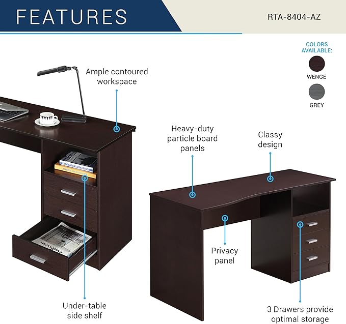 Techni Mobili 51" W Classic Computer Desk with Drawers, 3-Drawer Home Office Desk with Storage (Brown)