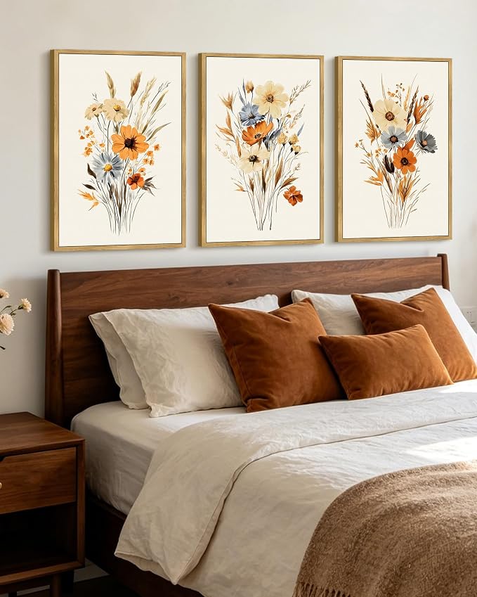 KUVIOKE Vintage Wildflower Bouquet Framed Wall Art Retro Flower Botanical Pictures Illustrations Colorful Floral Hanging Decor 16x24in (Natural Framed)