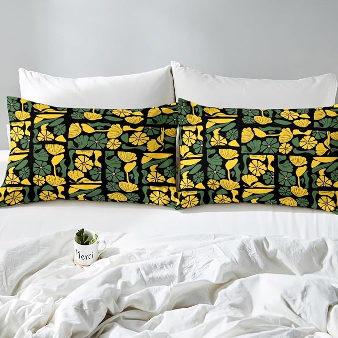 Erosebridal Boho Abstract Floral Duvet Cover Twin Vintage Patchwork Yellow Green Plant Bedding Set Mid Century Modern Abstract Geometric Comforter Cover for Kids Adults,Botanical Flowers Bed Set