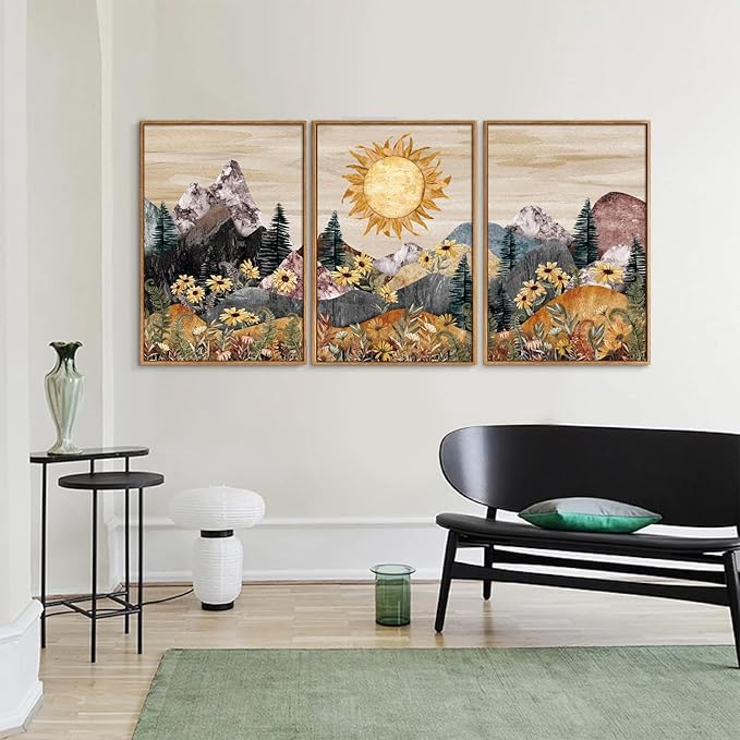 Rantodecor Boho Mountain Framed Canvas Wall Art, Western Daisy Floral Landscape Wall Decor, Rustic Fern Flowers Art Painting, Modern Fantasy Nature Sun Artwork for Bedroom Living Room Office 16"x24"x3