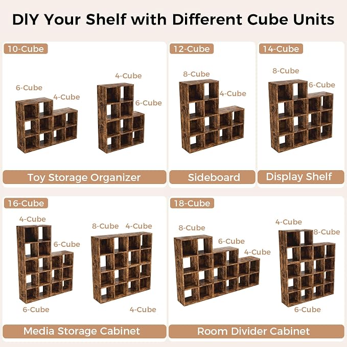 LUCKLIFE 6-Cube Storage Organizer, Stackable Modular Bookcase Shelf with Vertical or Horizontal Use, Fits 11×11" Bins, Optional Back Panels, for Living Room, Office, Vintage Brown