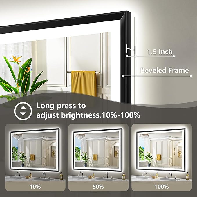 55x30 Black Framed LED Bathroom Mirror with Lights, Backlit and Front Light, Lighted Bathroom Vanity Mirror for Wall Dimmable Anti-Fog Memory Tempered Glass Horizontal/Vertical